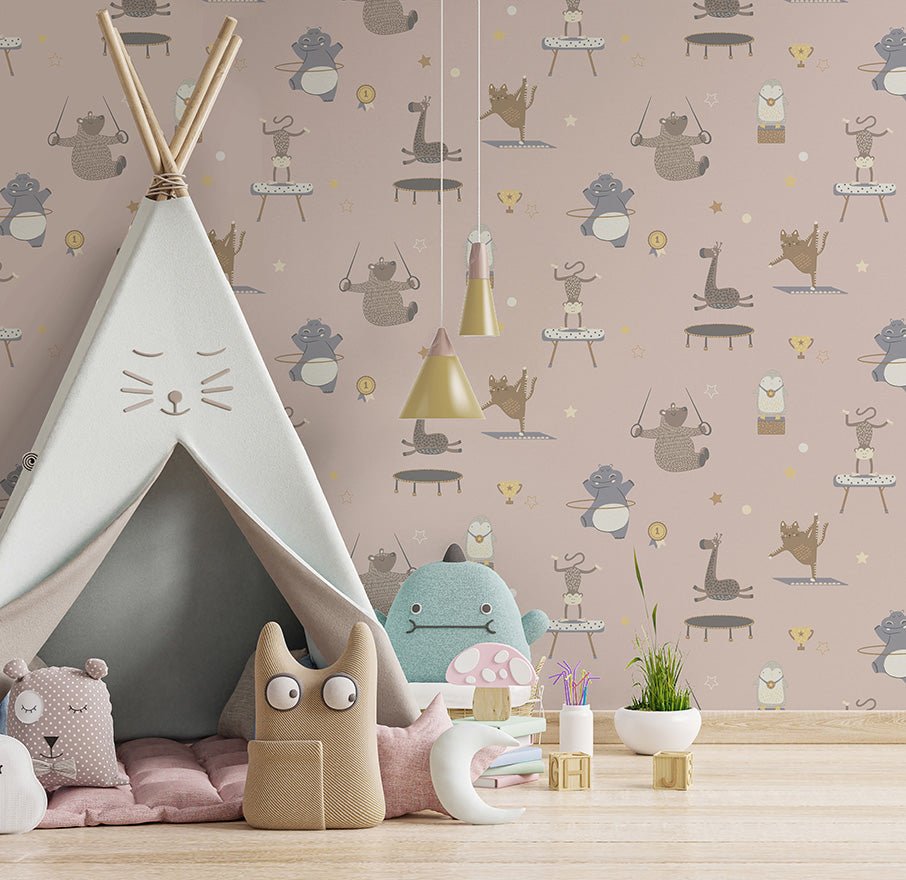 Animal Gymnastics Wallpaper - Pink - Holden Décor - 13241 - Premier Wallcovering