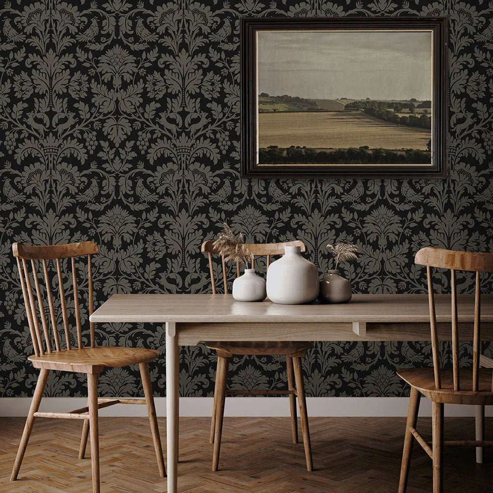 Ansel Damask Wallpaper - Ebony & Pavestone - NextWall - NW57710 - Premier Wallcovering