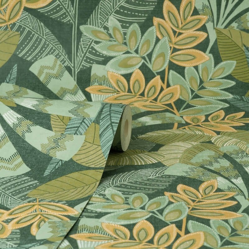 Asha Leaves Wallpaper - Lush Green - Crown - M1737 - Premier Wallcovering