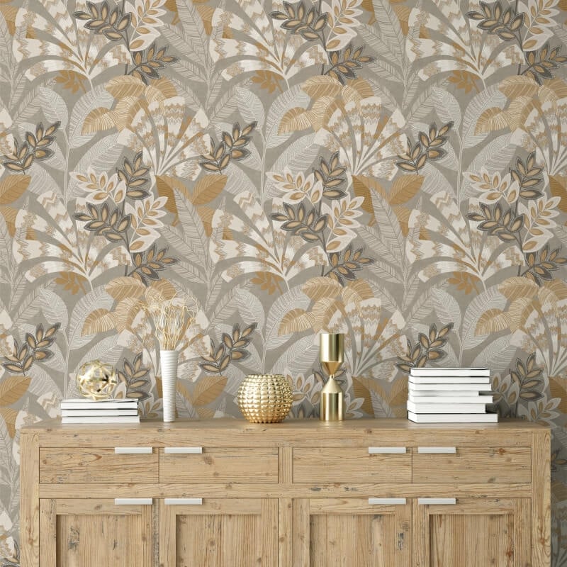 Asha Leaves Wallpaper - Warm Stone/Old Gold - Crown - M1738 - Premier Wallcovering