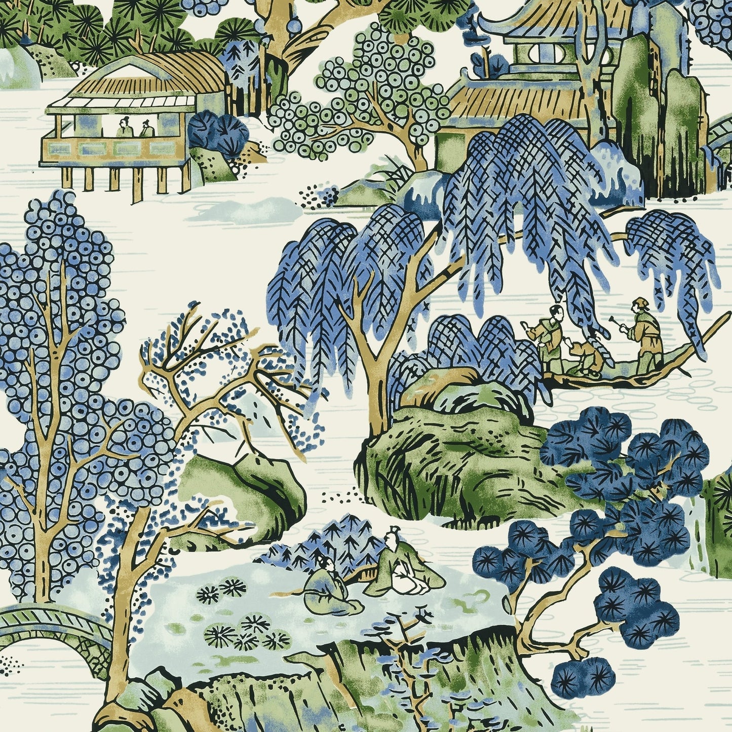 Asian Scenic Wallpaper - Blue & Green - Thibaut - T75462 - Premier Wallcovering