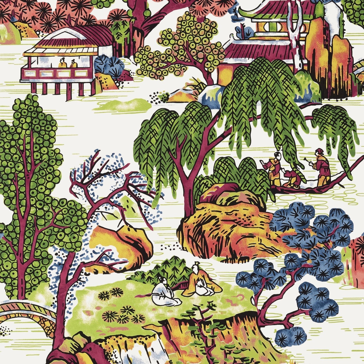 Asian Scenic Wallpaper - Coral & Green - Thibaut - T75464 - Premier Wallcovering