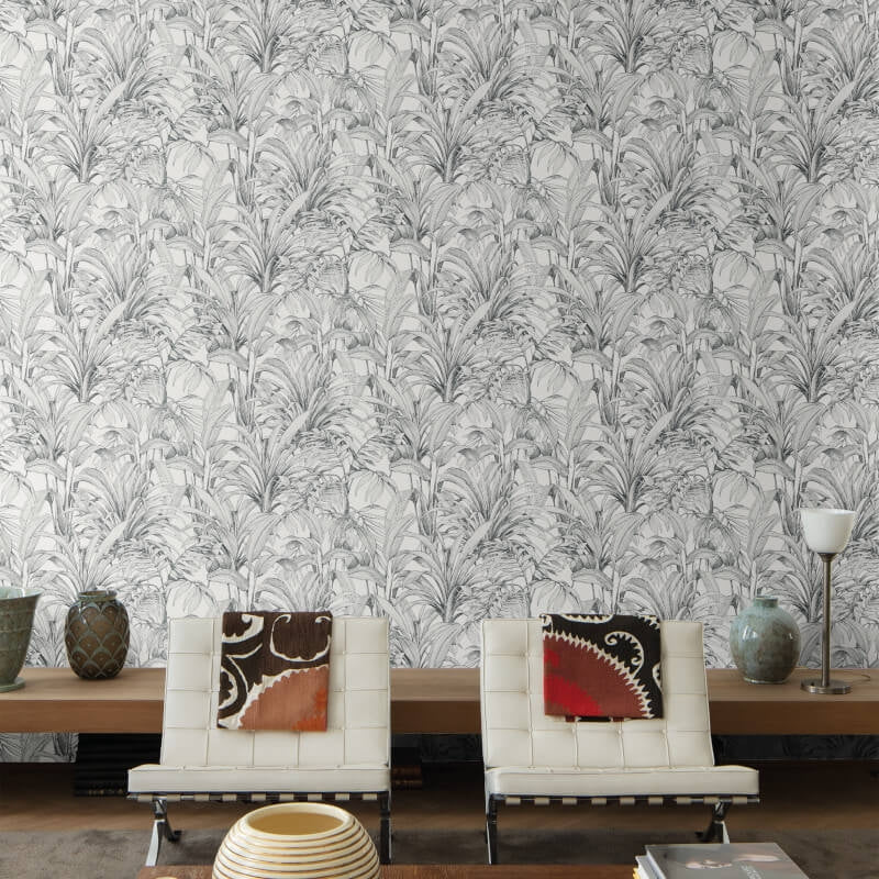 Asperia Linear Leaf Wallpaper - White/Black - Grandeco - A51401 - Premier Wallcovering