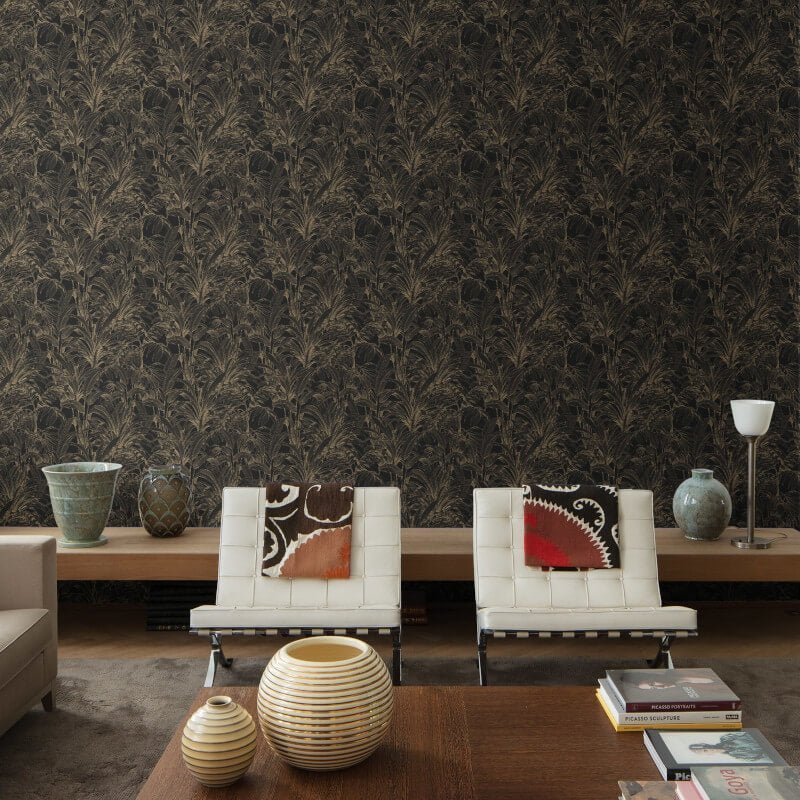 Asperia Linear Leaf Wallpaper - Black/Gold - Grandeco - A51403 - Premier Wallcovering