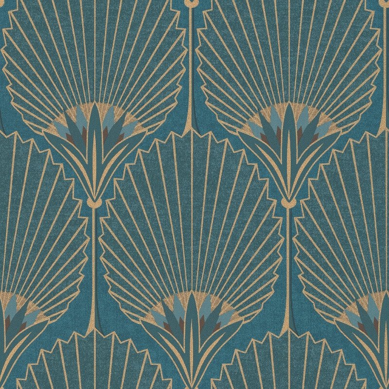 Asperia Nile Palm Fan Wallpaper - Teal/Gold - Grandeco - A54902 - Premier Wallcovering