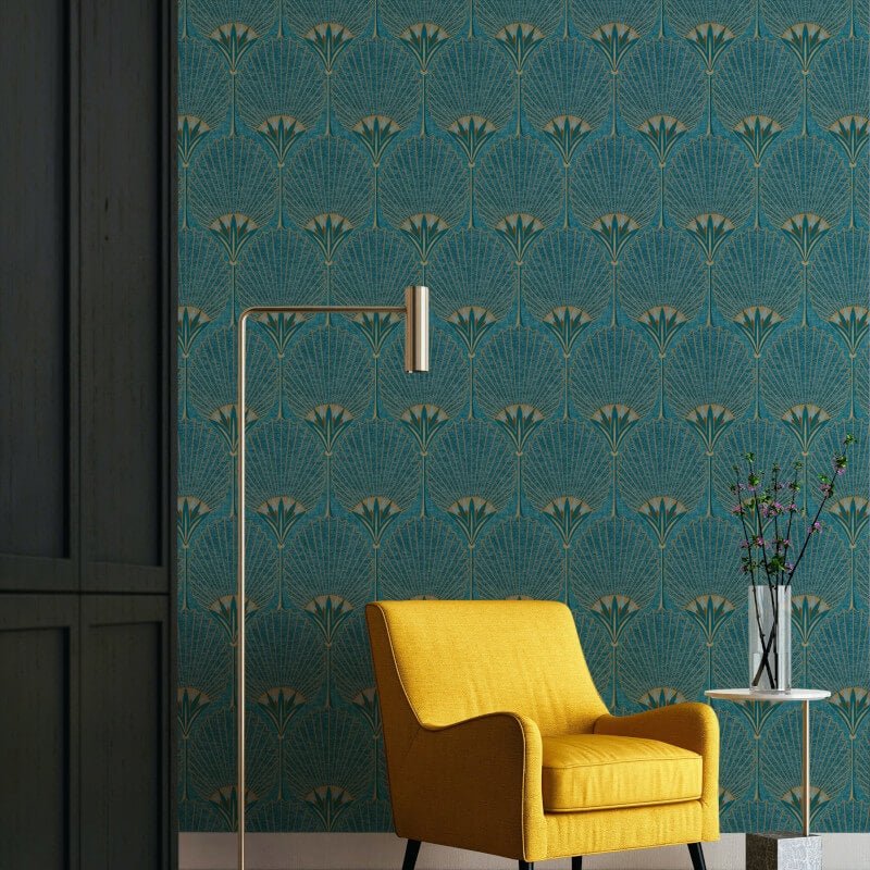 Asperia Nile Palm Fan Wallpaper - Teal/Gold - Grandeco - A54902 - Premier Wallcovering