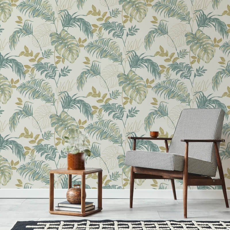 Attitude Allison Tropical Metallic Wallpaper - Teal/Gold - Grandeco - A64302 - Premier Wallcovering