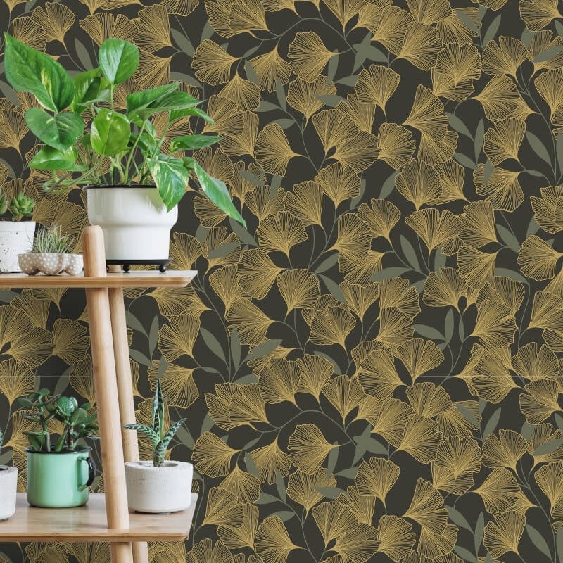 Attitude Ginko Leafy Floral Metallic Wallpaper - Black/Gold - Grandeco - A64402 - Premier Wallcovering