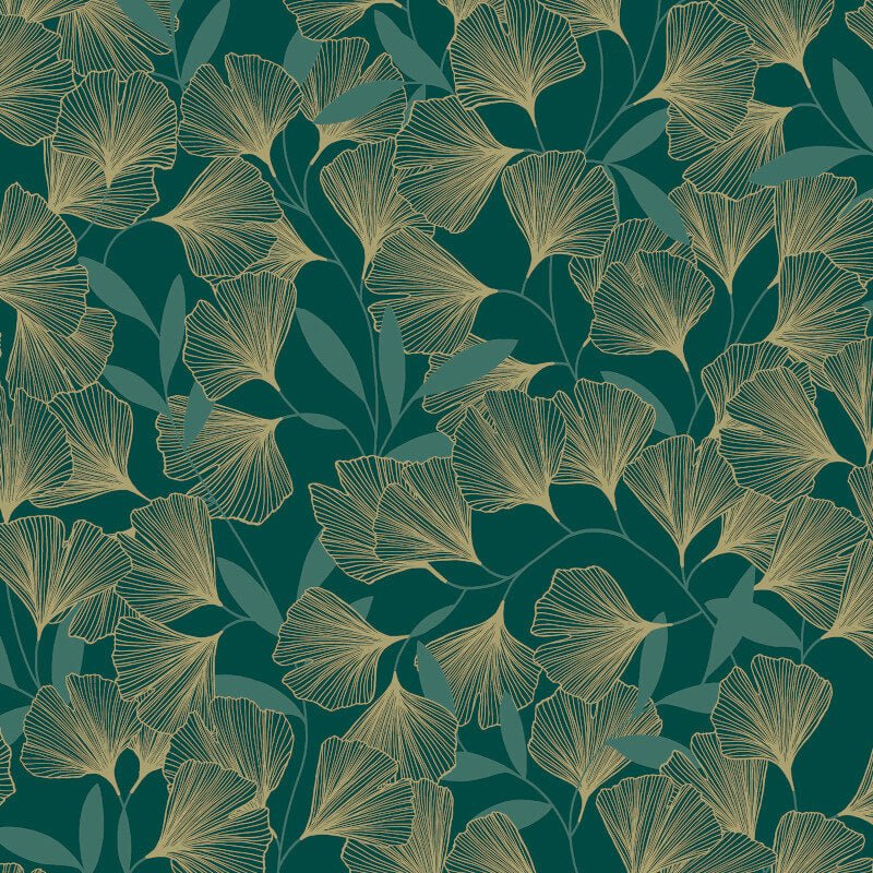 Attitude Ginko Leafy Floral Metallic Wallpaper - Green/Gold - Grandeco - A64403 - Premier Wallcovering