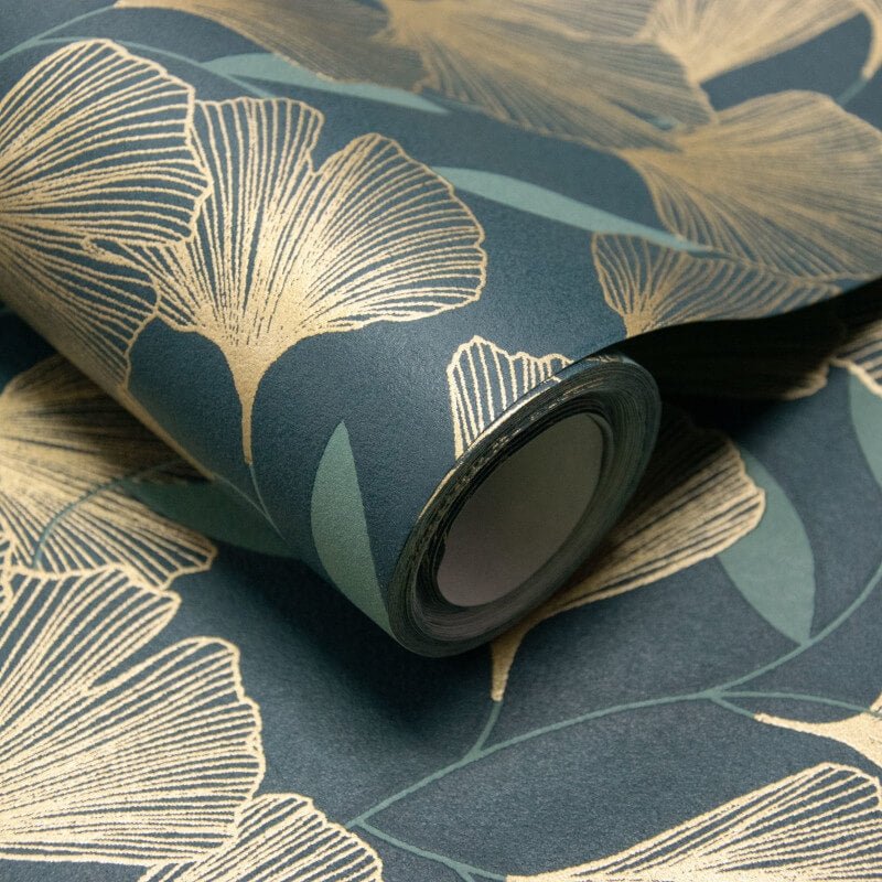 Attitude Ginko Leafy Floral Metallic Wallpaper - Green/Gold - Grandeco - A64403 - Premier Wallcovering