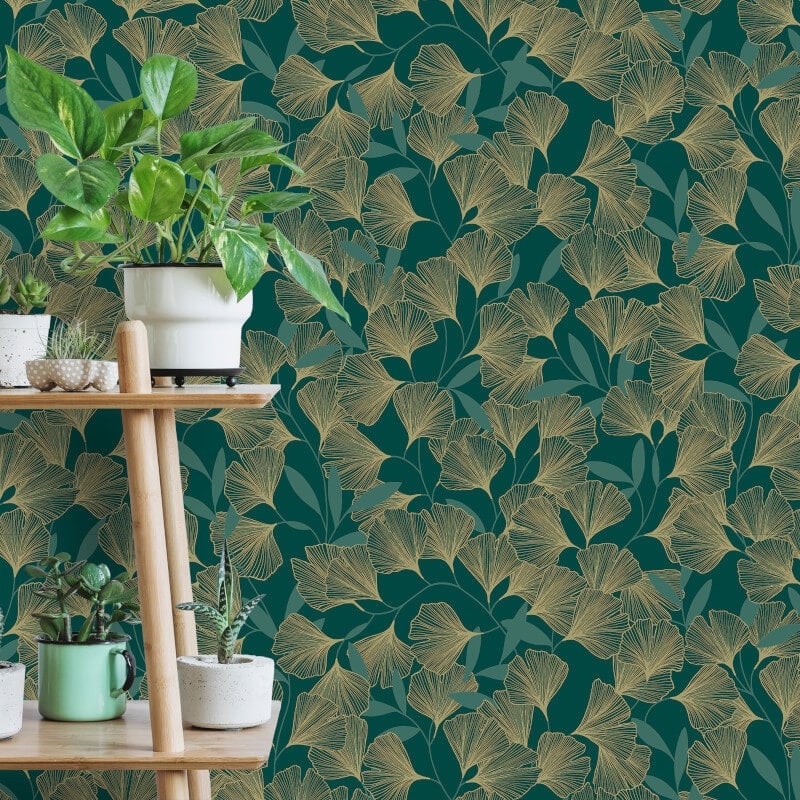 Attitude Ginko Leafy Floral Metallic Wallpaper - Green/Gold - Grandeco - A64403 - Premier Wallcovering