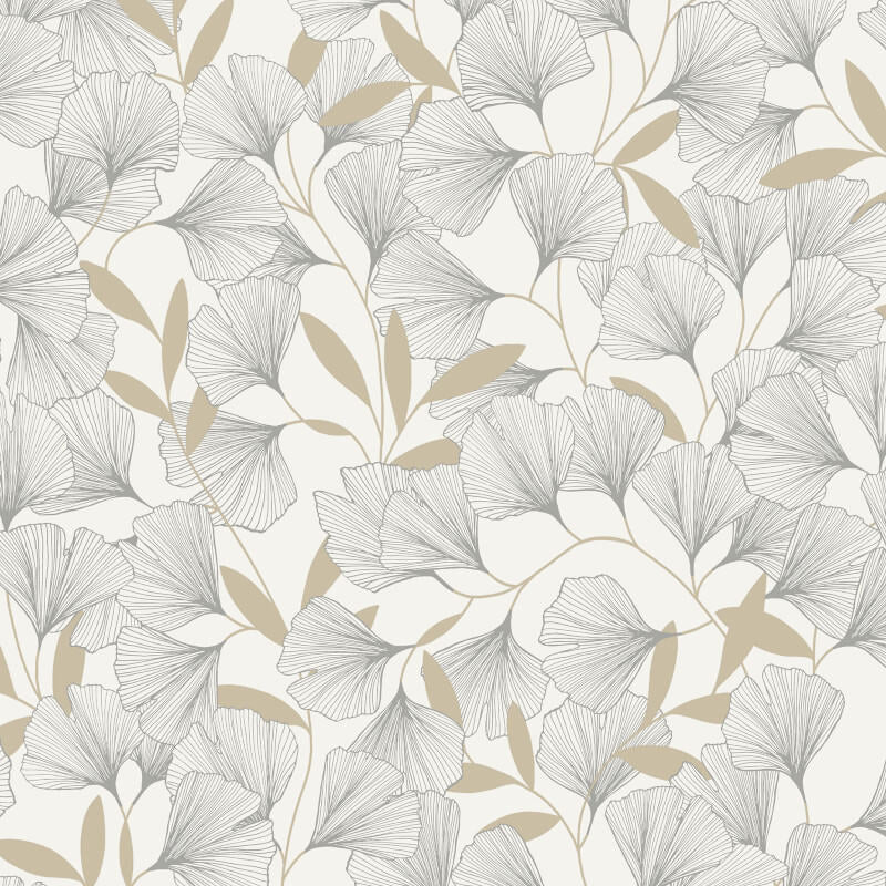Attitude Ginko Leafy Floral Metallic Wallpaper - White/Gold - Grandeco - A64401 - Premier Wallcovering