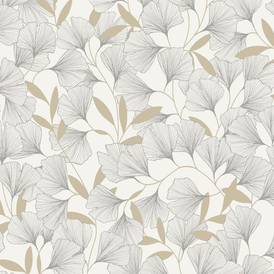 Attitude Ginko Leafy Floral Metallic Wallpaper - White/Gold - Grandeco - A64401 - Premier Wallcovering