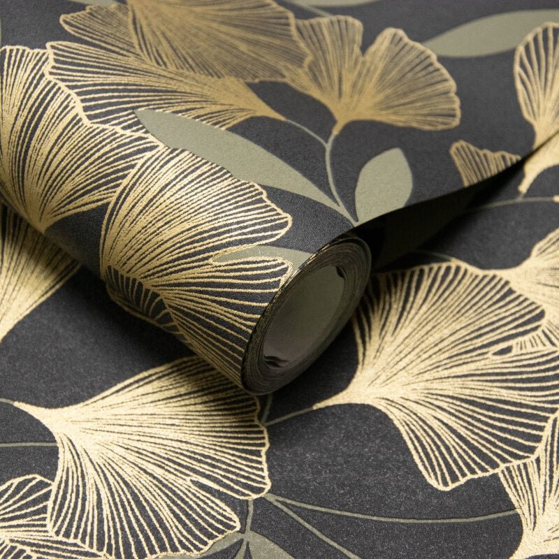 Attitude Ginko Leafy Floral Metallic Wallpaper - Black/Gold - Grandeco - A64402 - Premier Wallcovering