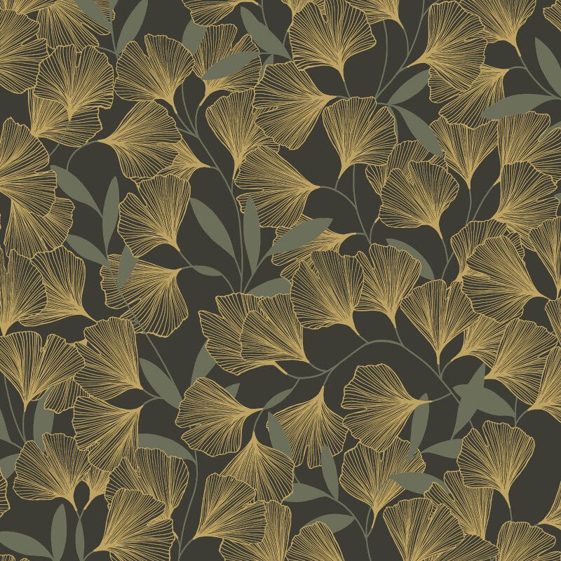 Attitude Ginko Leafy Floral Metallic Wallpaper - Black/Gold - Grandeco - A64402 - Premier Wallcovering