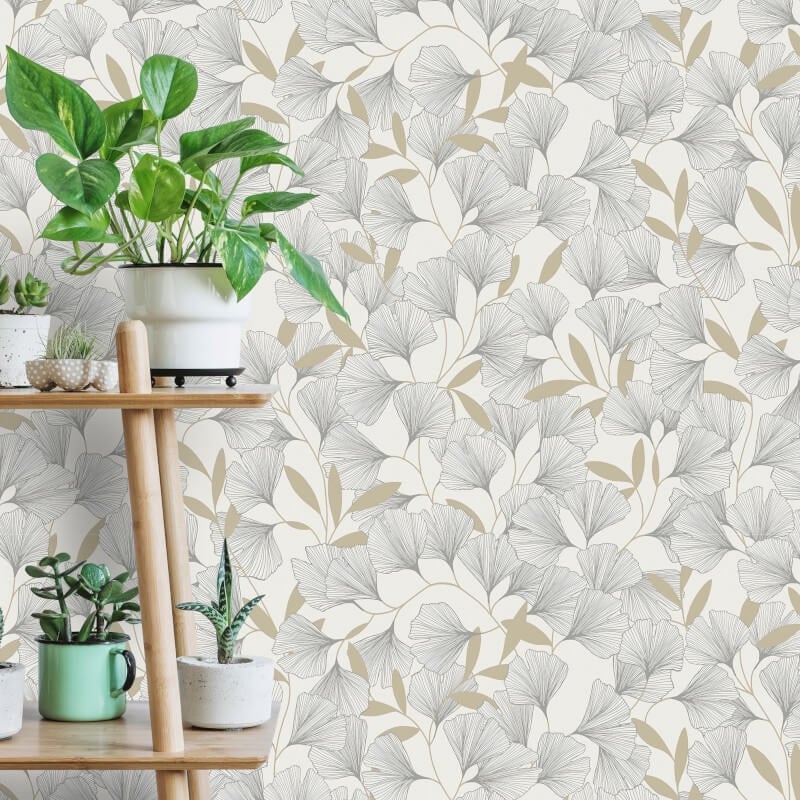 Attitude Ginko Leafy Floral Metallic Wallpaper - White/Gold - Grandeco - A64401 - Premier Wallcovering