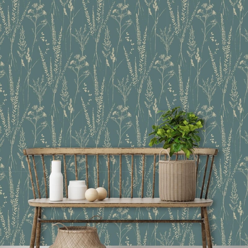 Attitude Halm Grass Floral Wallpaper - Cream/Teal - Grandeco - A64202 - Premier Wallcovering