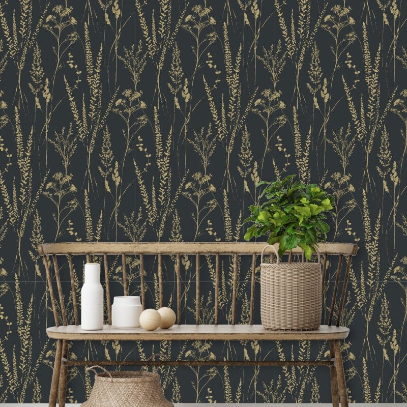 Attitude Halm Grass Floral Wallpaper - Black/Gold - Grandeco - A64203 - Premier Wallcovering