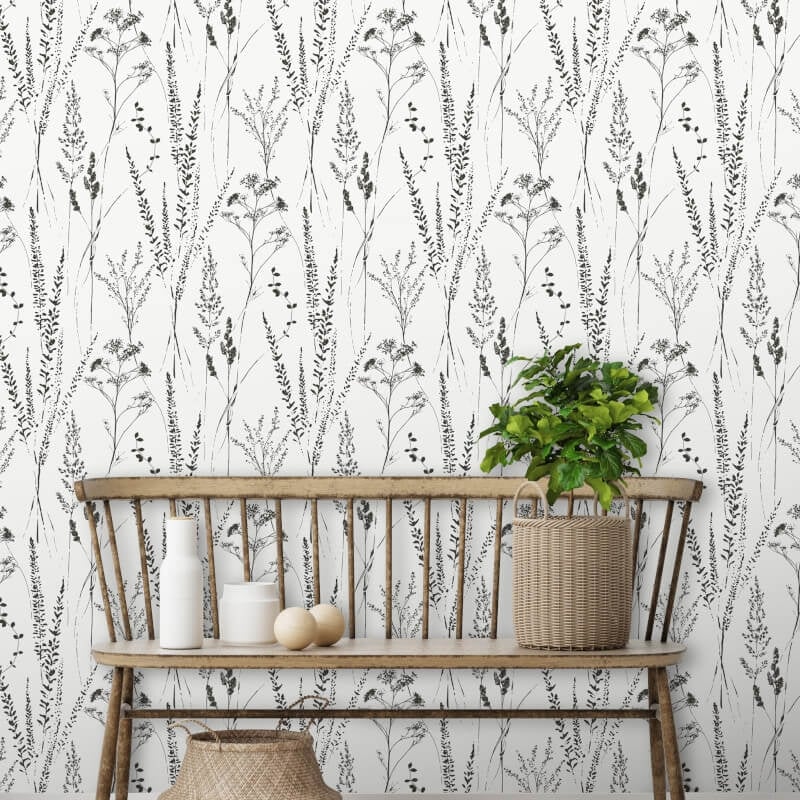 Attitude Halm Grass Floral Wallpaper - Black/White - Grandeco - A64201 - Premier Wallcovering
