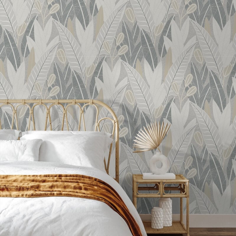 Attitude Savannah Leafy Tropical Metallic Wallpaper - Grey - Grandeco - A65701 - Premier Wallcovering