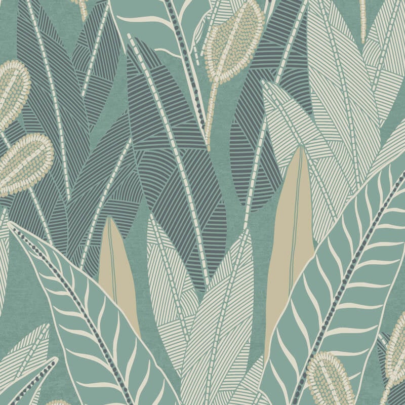 Attitude Savannah Leafy Tropical Metallic Wallpaper - Teal - Grandeco - A65703 - Premier Wallcovering