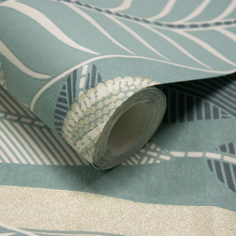 Attitude Savannah Leafy Tropical Metallic Wallpaper - Teal - Grandeco - A65703 - Premier Wallcovering
