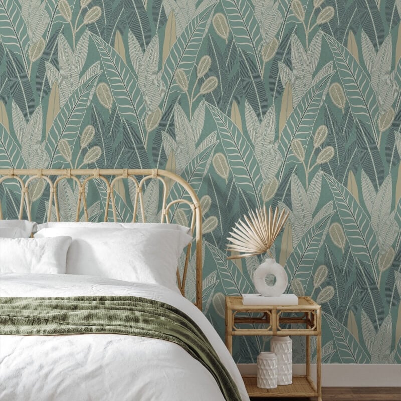 Attitude Savannah Leafy Tropical Metallic Wallpaper - Teal - Grandeco - A65703 - Premier Wallcovering