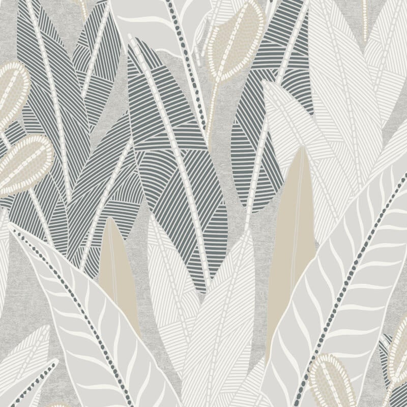 Attitude Savannah Leafy Tropical Metallic Wallpaper - Grey - Grandeco - A65701 - Premier Wallcovering