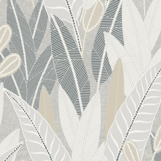 Attitude Savannah Leafy Tropical Metallic Wallpaper - Grey - Grandeco - A65701 - Premier Wallcovering