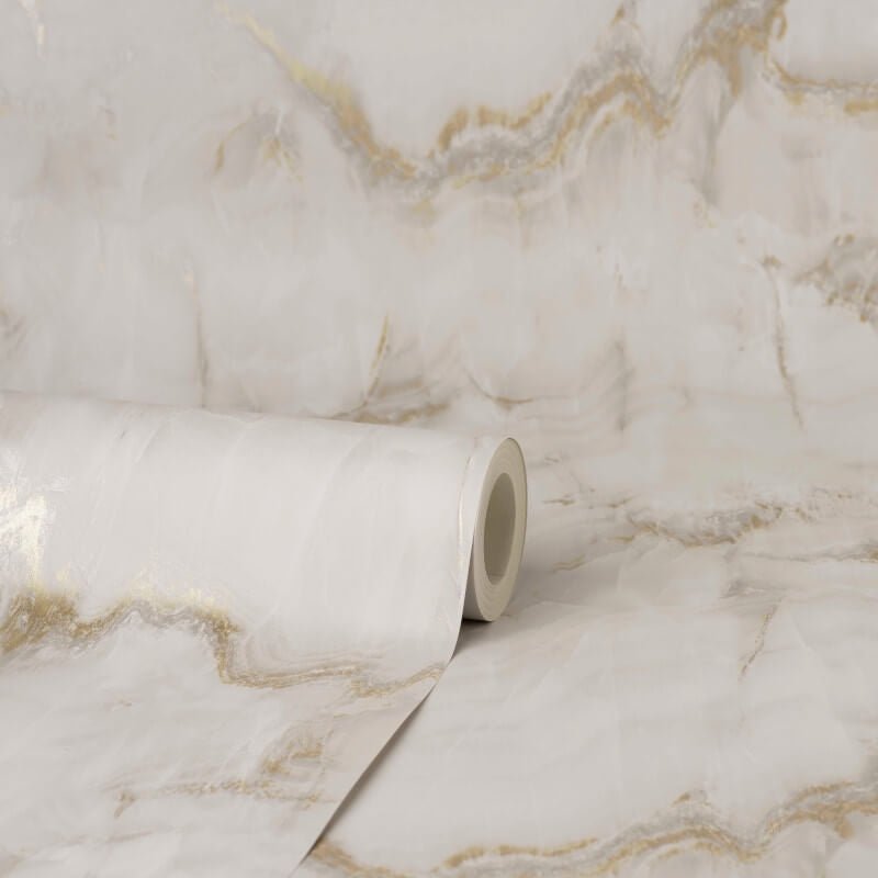Aura Marble Design Metallic Wallpaper - Latte/Gold - Crown - M1585 - Premier Wallcovering