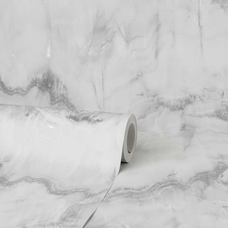 Aura Marble Design Metallic Wallpaper - Grey/Silver - Crown - M1584 - Premier Wallcovering