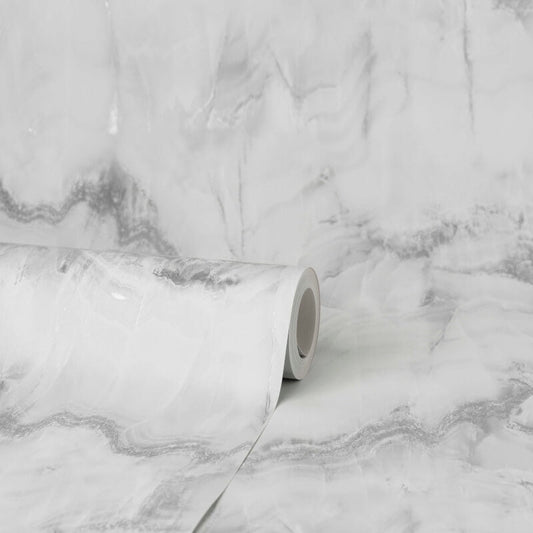Aura Marble Design Metallic Wallpaper - Grey/Silver - Crown - M1584 - Premier Wallcovering