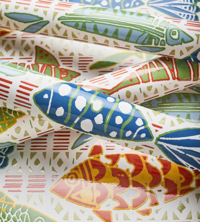 Batik Fish Wallpaper - Coral & Blue - Thibaut - T15869 - Premier Wallcovering