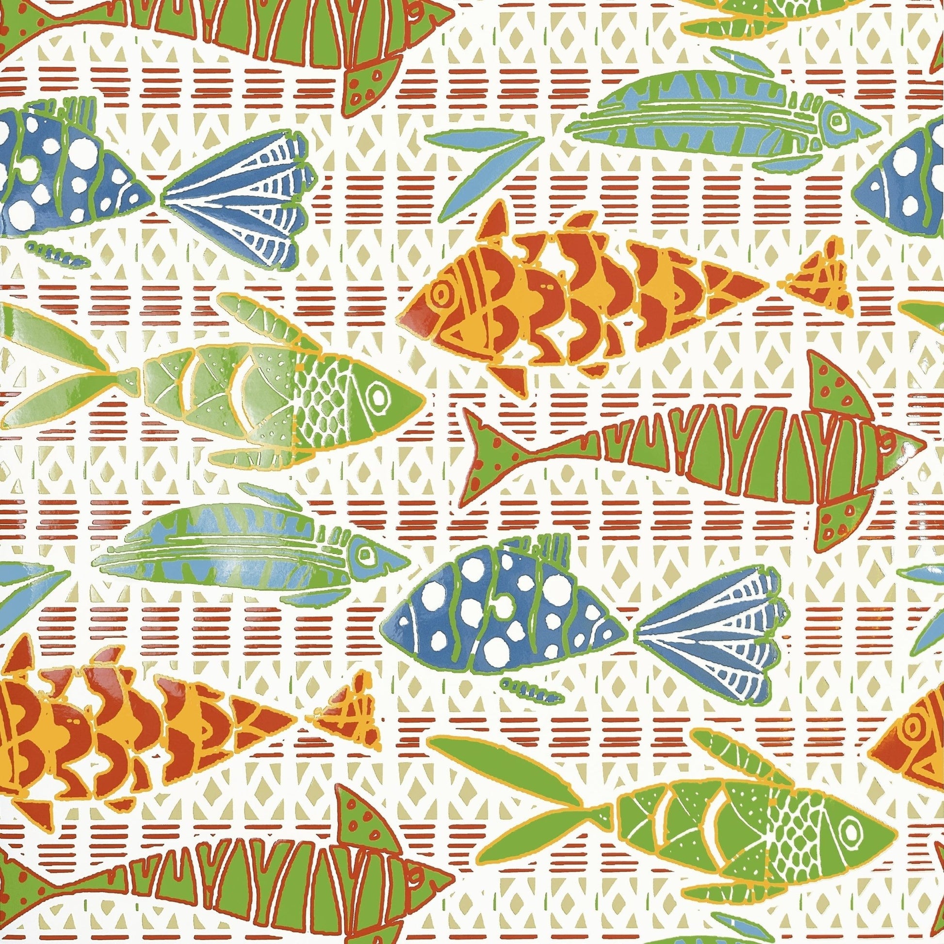 Batik Fish Wallpaper - Coral & Blue - Thibaut - T15869 - Premier Wallcovering