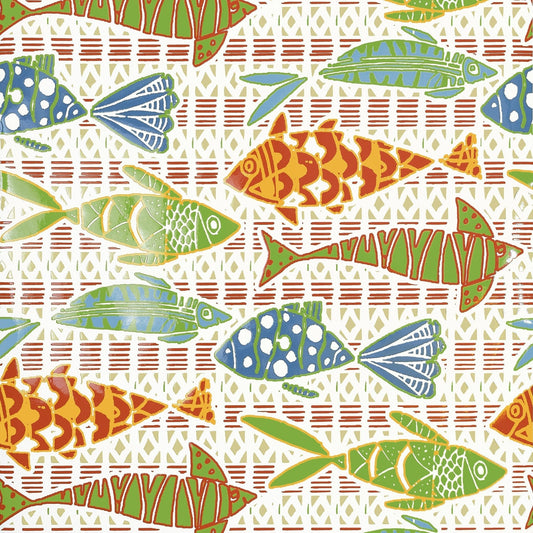 Batik Fish Wallpaper - Coral & Blue - Thibaut - T15869 - Premier Wallcovering