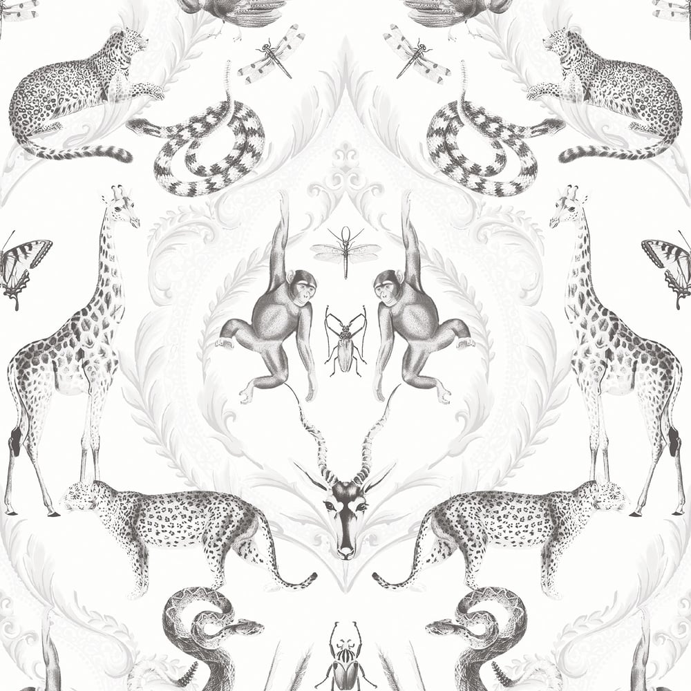 Bazaar Animal Damask Wallpaper - Pearl / Black - Galerie - G78314 - Premier Wallcovering