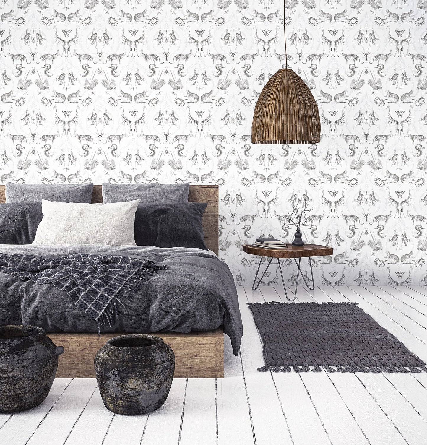 Bazaar Animal Damask Wallpaper - Pearl / Black - Galerie - G78314 - Premier Wallcovering