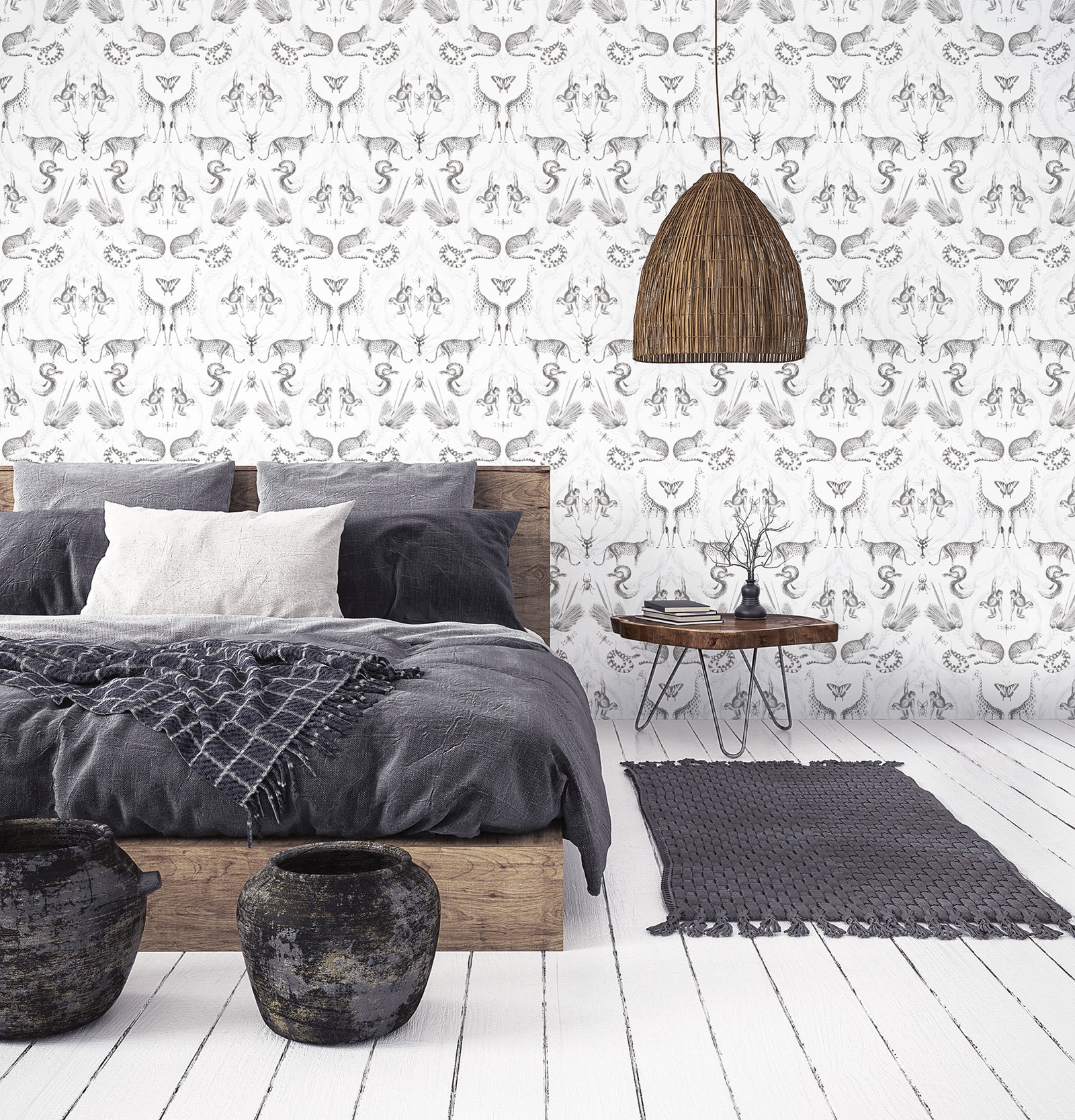 Bazaar Animal Damask Wallpaper - Pearl / Black - Galerie - G78314 - Premier Wallcovering