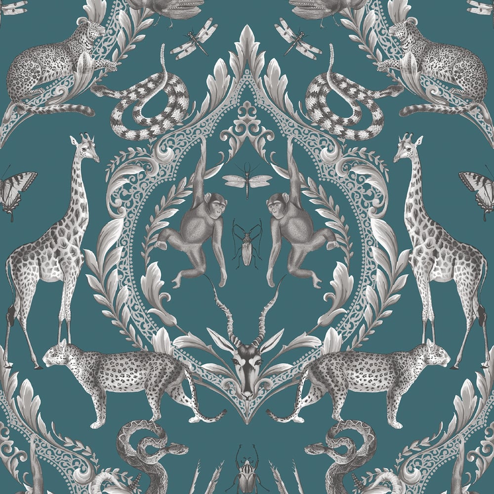 Bazaar Animal Damask Wallpaper - Teal - Galerie - G78313 - Premier Wallcovering