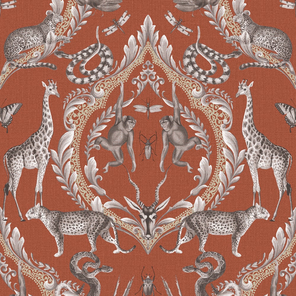 Bazaar Animal Damask Wallpaper - Burnt Orange - Galerie - G78312 - Premier Wallcovering