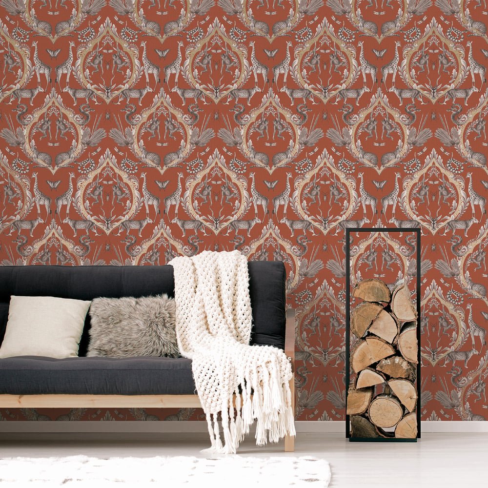 Bazaar Animal Damask Wallpaper - Burnt Orange - Galerie - G78312 - Premier Wallcovering