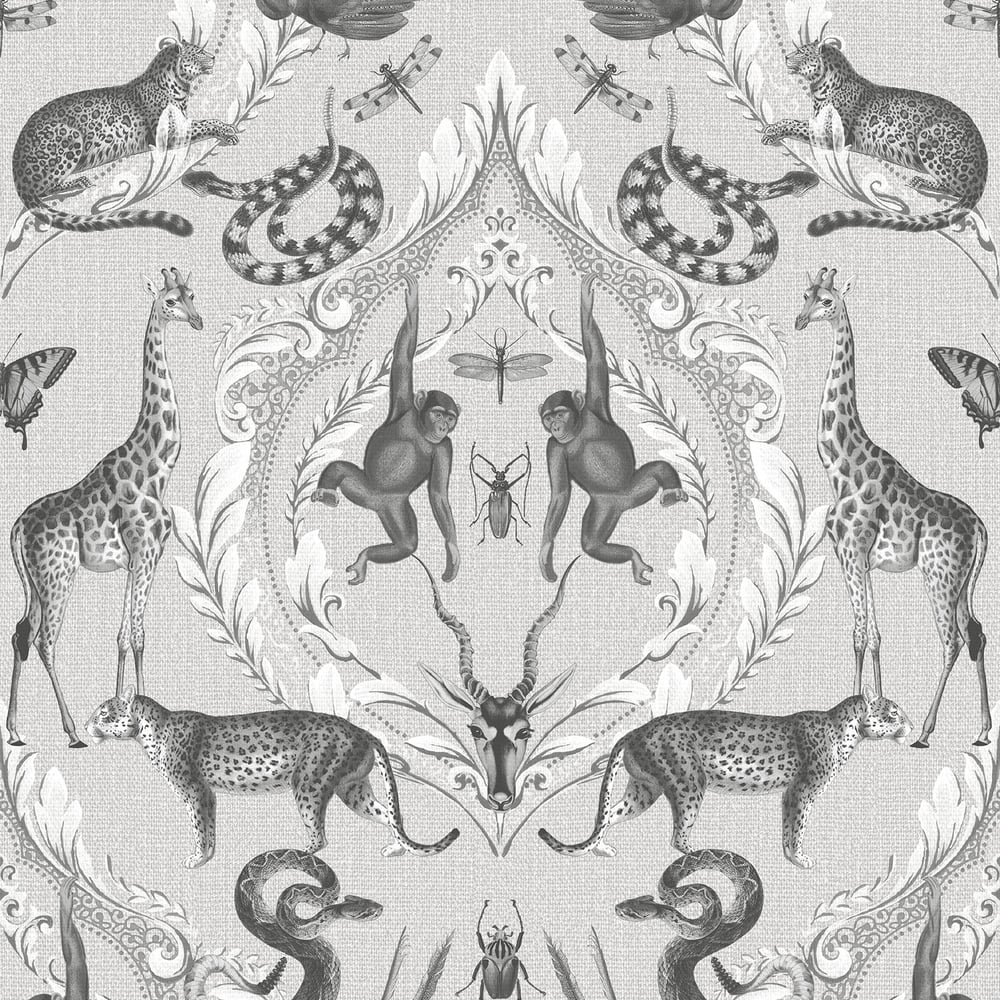 Bazaar Animal Damask Wallpaper - Grey / Silver - Galerie - G78310 - Premier Wallcovering