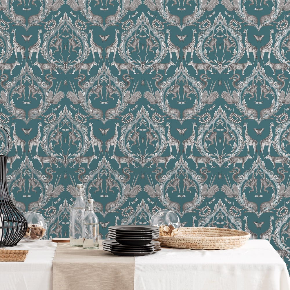 Bazaar Animal Damask Wallpaper - Teal - Galerie - G78313 - Premier Wallcovering