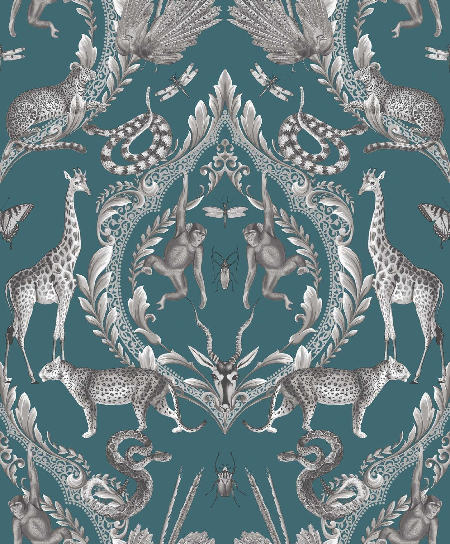 Bazaar Animal Damask Wallpaper - Teal - Galerie - G78313 - Premier Wallcovering