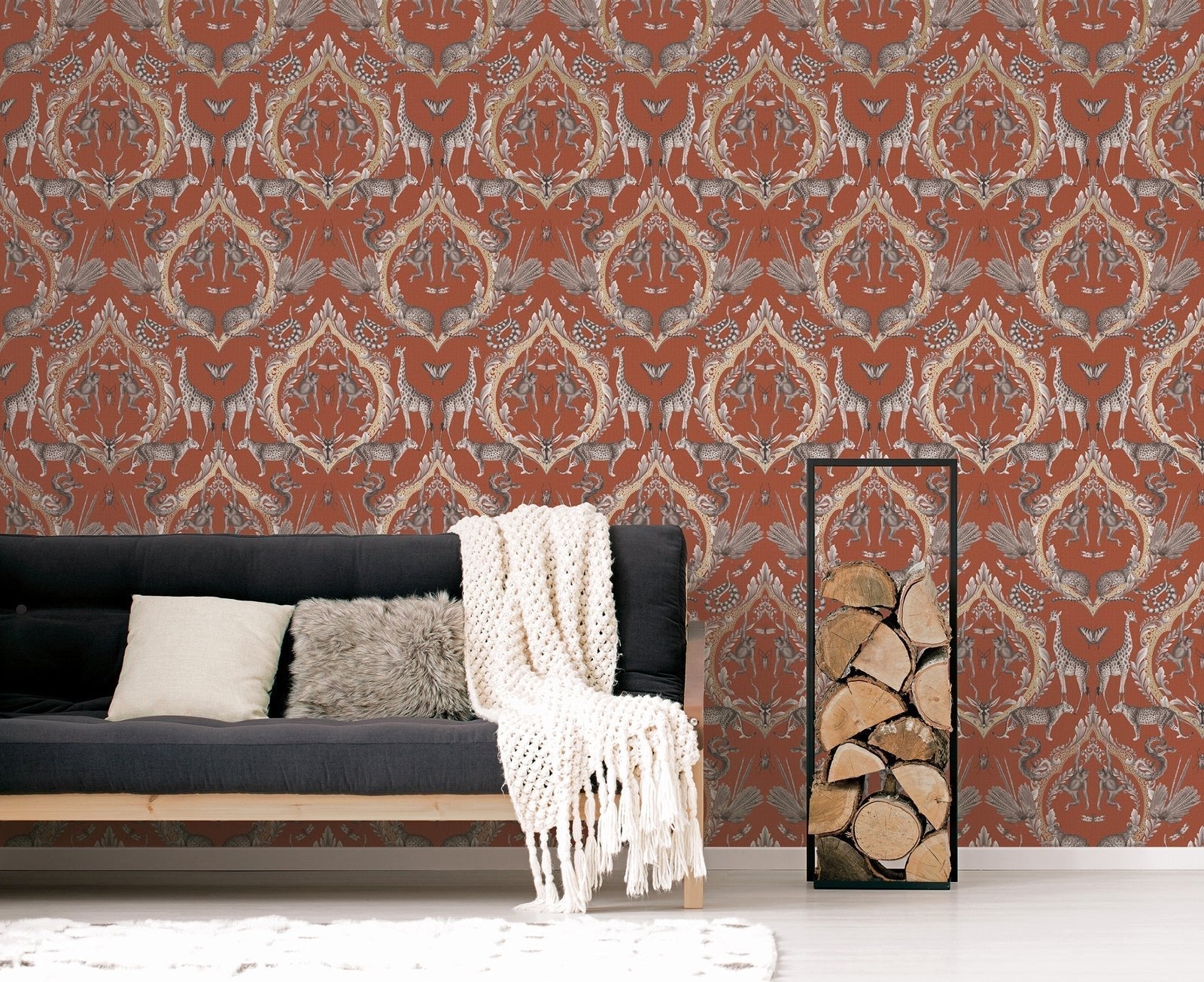 Bazaar Animal Damask Wallpaper - Burnt Orange - Galerie - G78312 - Premier Wallcovering