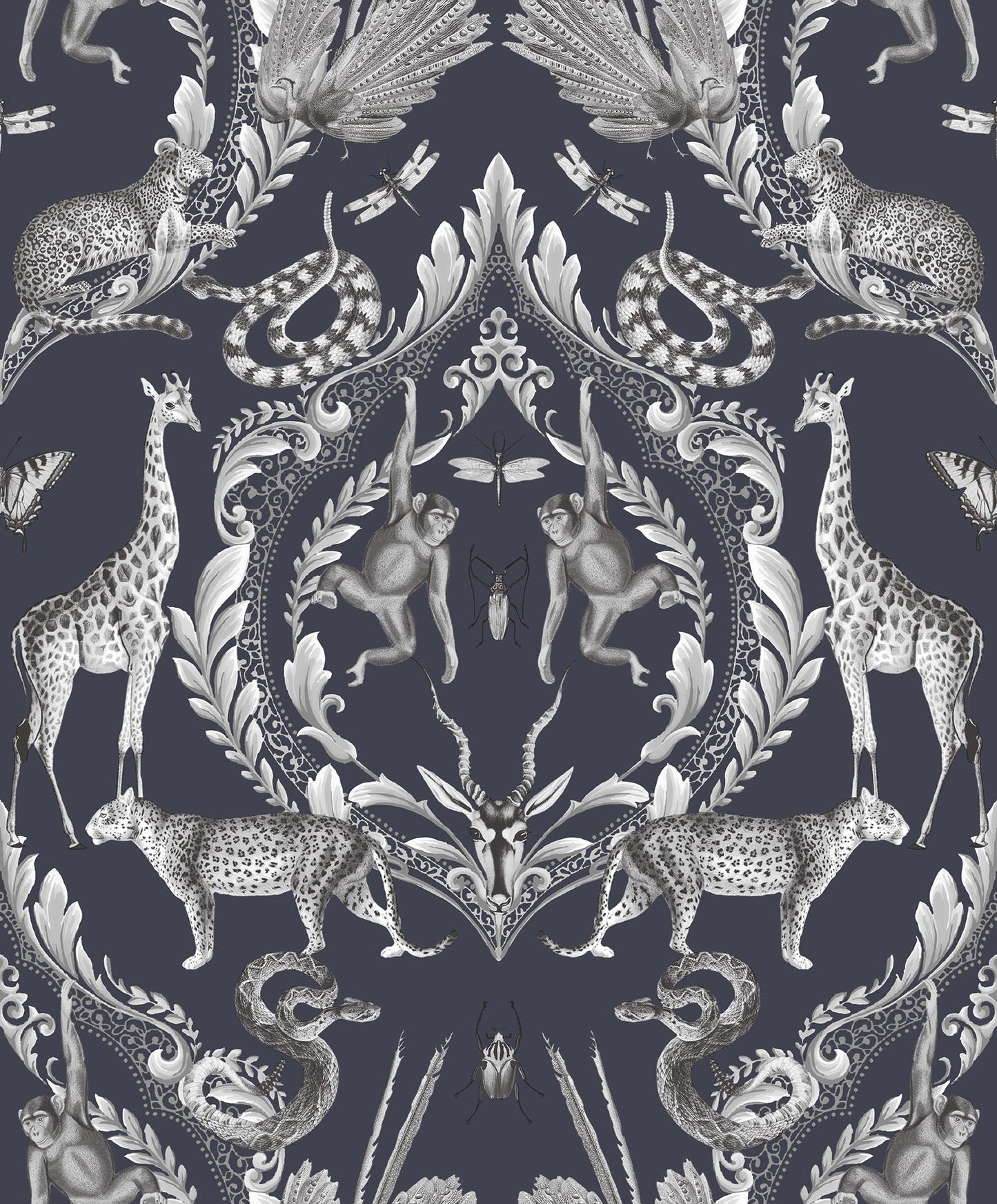 Bazaar Animal Damask Wallpaper - Navy Blue - Galerie - G78311 - Premier Wallcovering