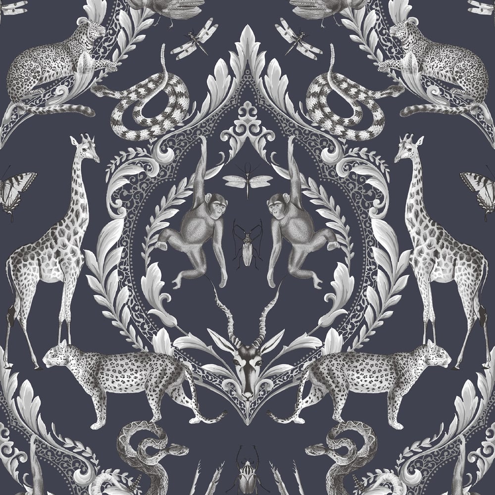 Bazaar Animal Damask Wallpaper - Navy Blue - Galerie - G78311 - Premier Wallcovering