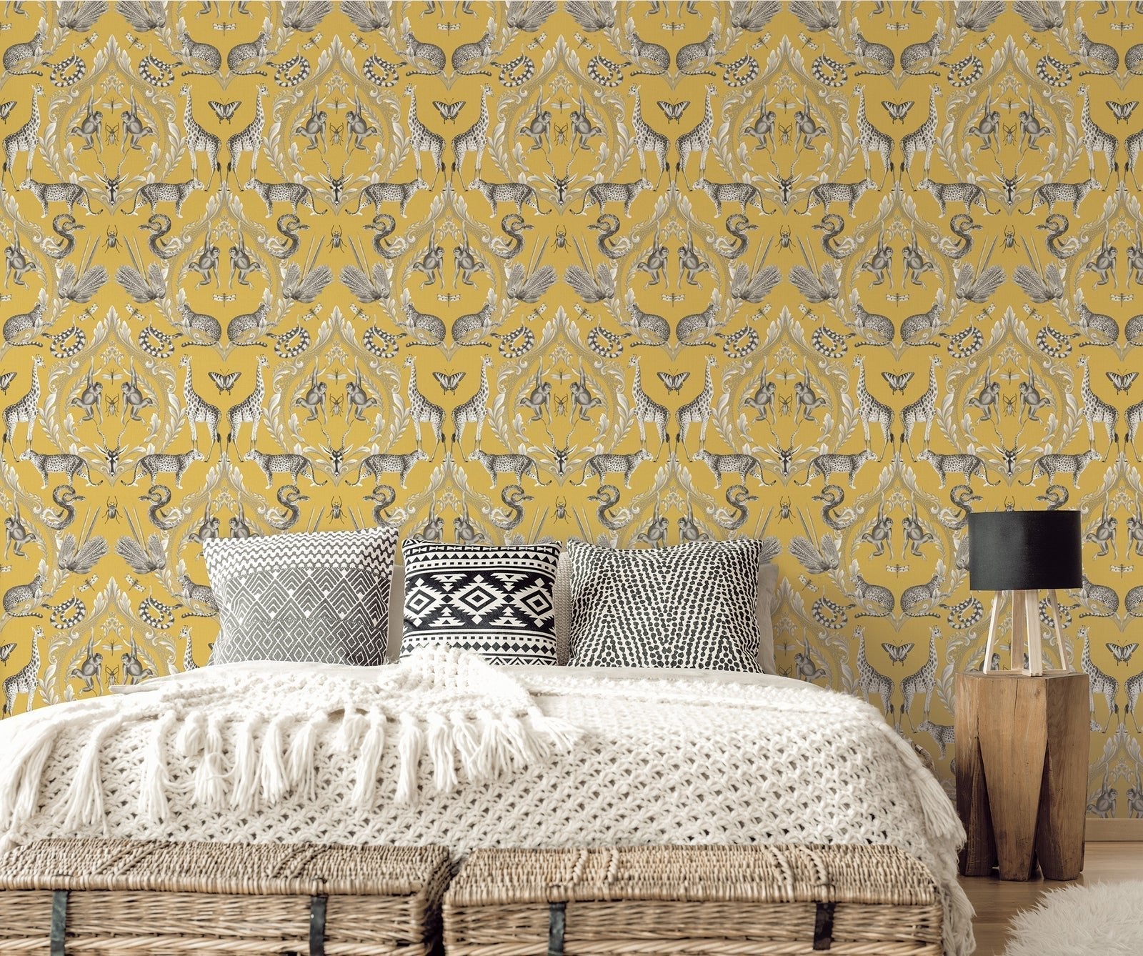 Bazaar Animal Damask Wallpaper - Mustard - Galerie - G78315 - Premier Wallcovering