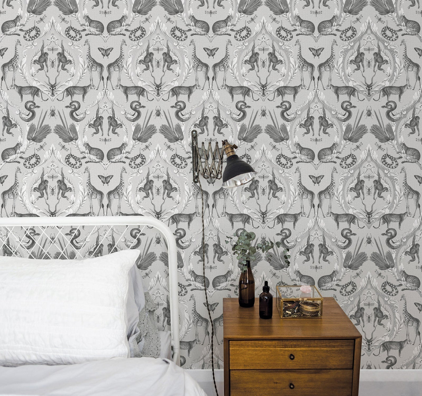 Bazaar Animal Damask Wallpaper - Grey / Silver - Galerie - G78310 - Premier Wallcovering