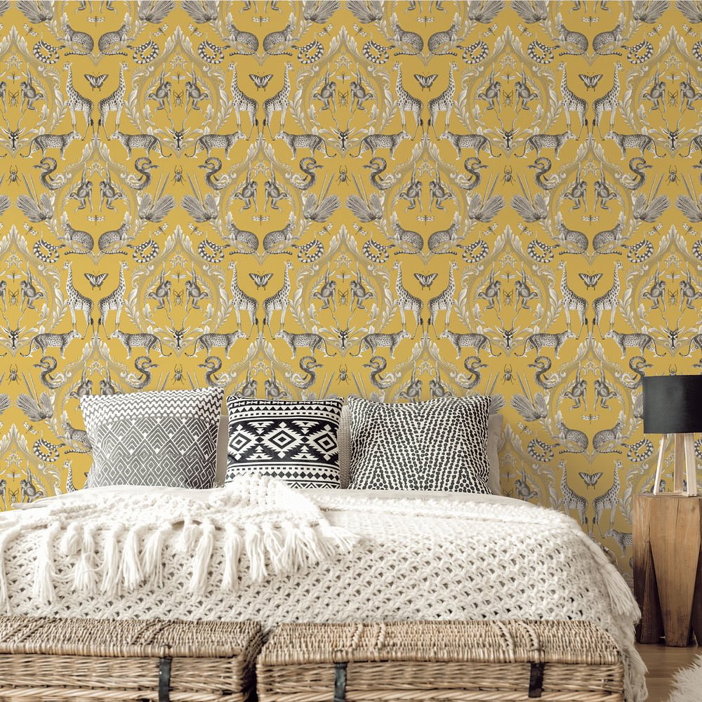 Bazaar Animal Damask Wallpaper - Mustard - Galerie - G78315 - Premier Wallcovering